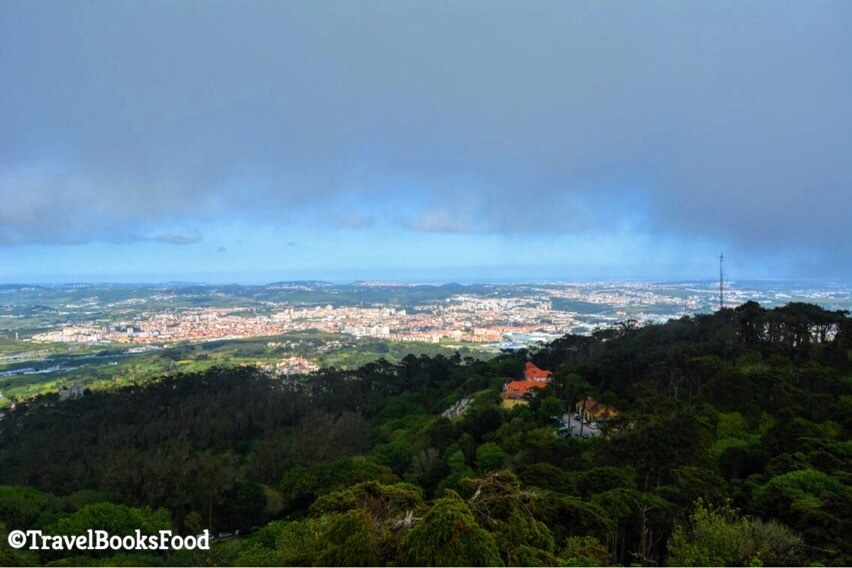 This is the view of a town/city from top of the Pena palace in Sintra