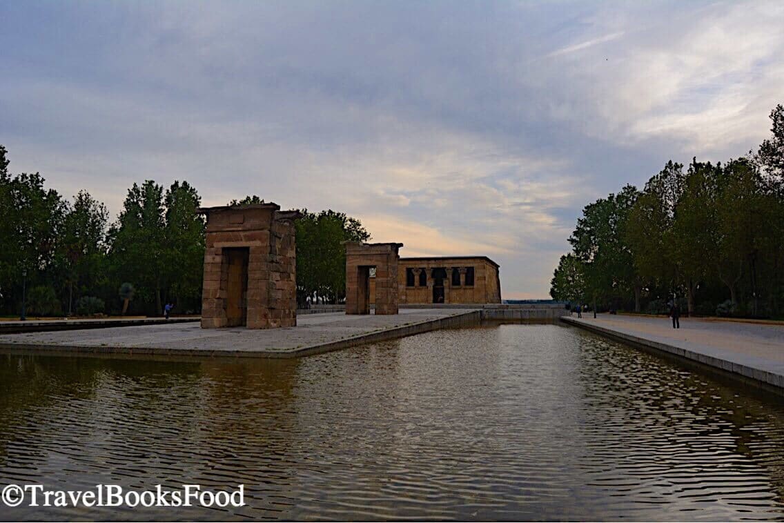 This is the photo of Temple of Debod, a reconstructed Egyptian temple in Madrid just before sunset.