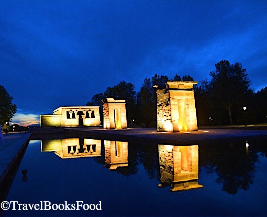 This is the photo of Temple of Debod, a reconstructed Egyptian temple in Madrid just after sunset.