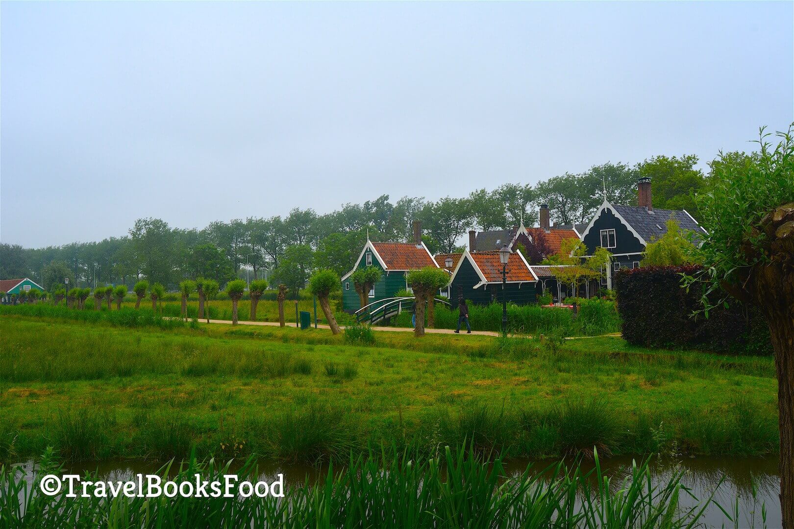 This is a photo of some green houses in Zaanse Schaans in Amsterdam, Netherlands with a large green field in front of it