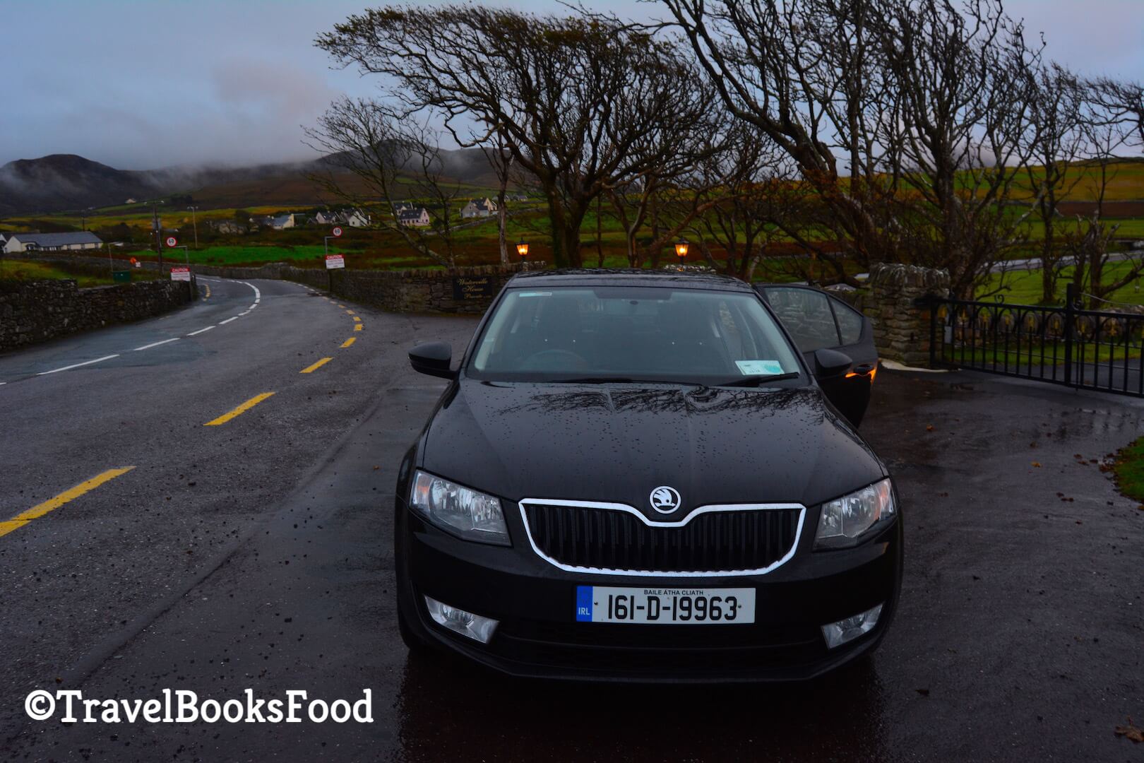 Photo of our Skoda Saloon car we drove around Ireland with a gorgeous eerie background