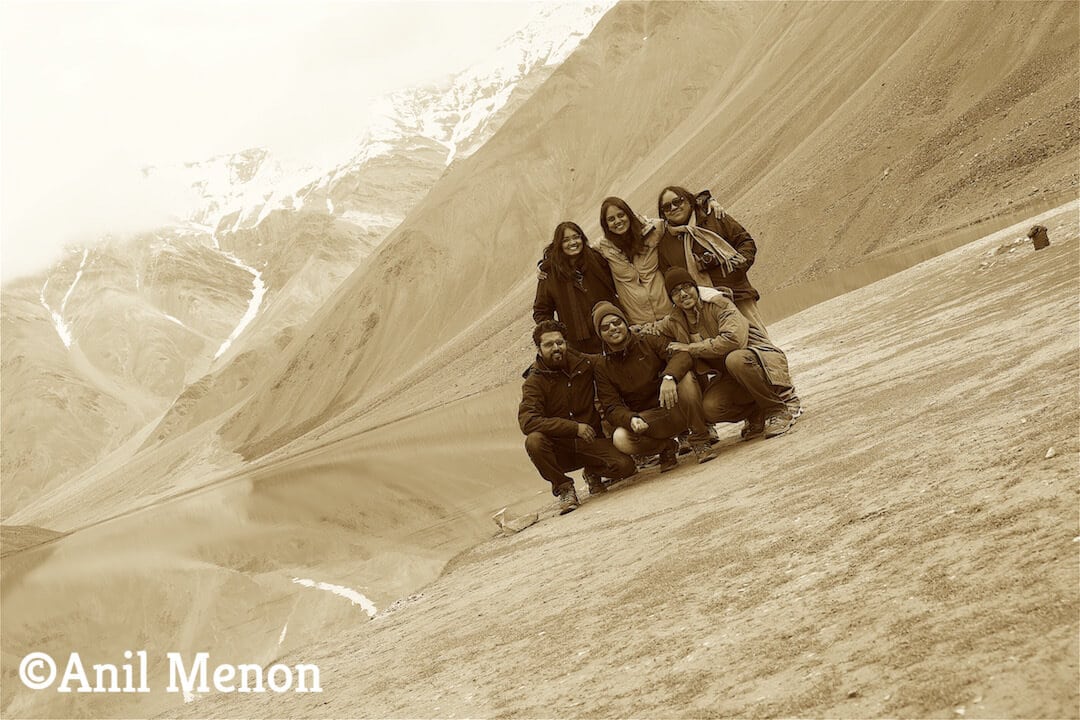 6 of us in front of the lake in sepia