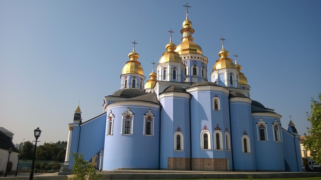St. Michael's Golden-Domed Monastery is a blue church with Golden domes in Kiev, Ukraine