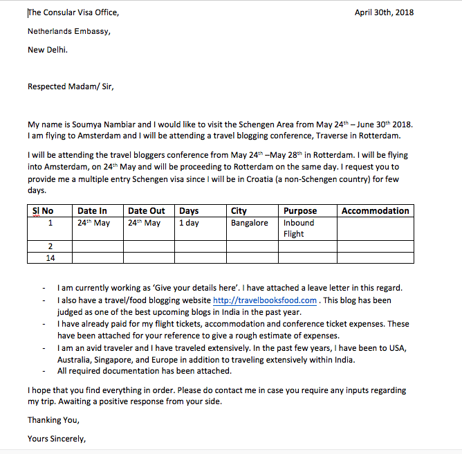 cover letter for Netherlands tourist visa
