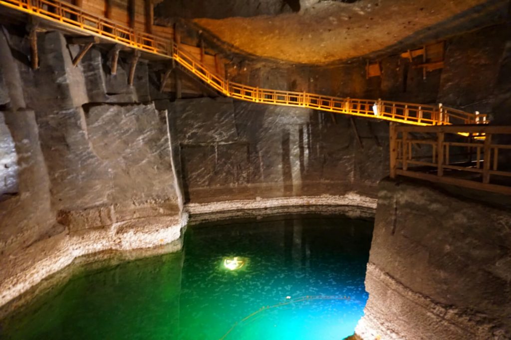 A photo of a lake in a salt mine in Krakow