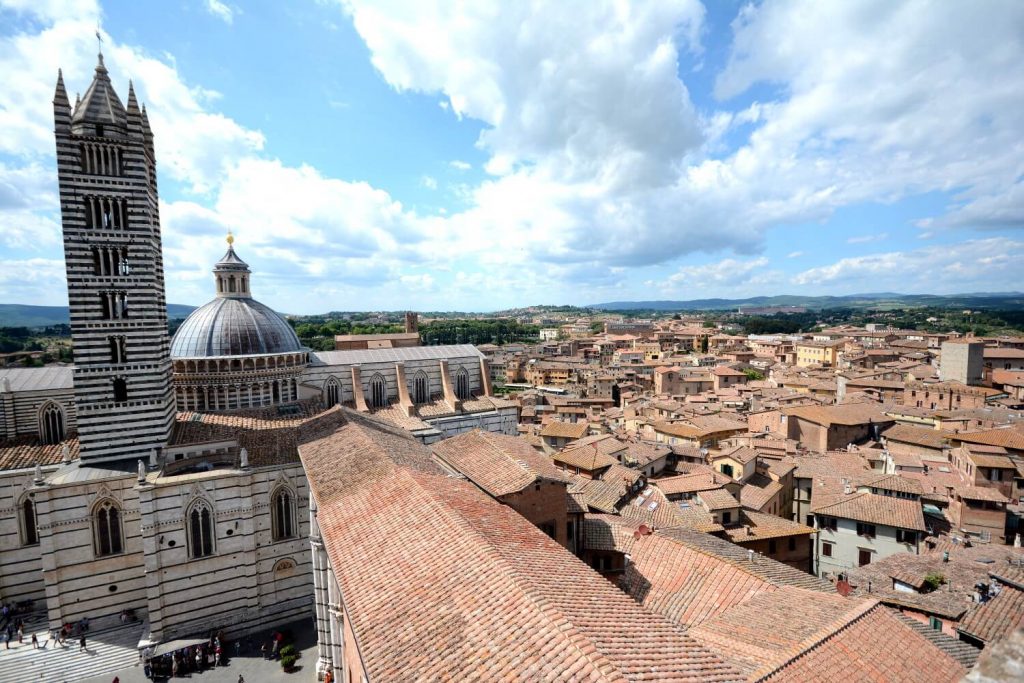 A bird eye view of a city with brown tiles houses and a a big church