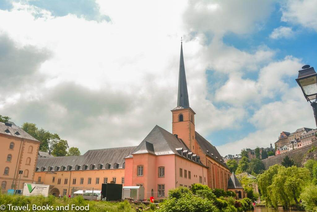A building with a long spire in the capital of Luxembourg, a favorite European country