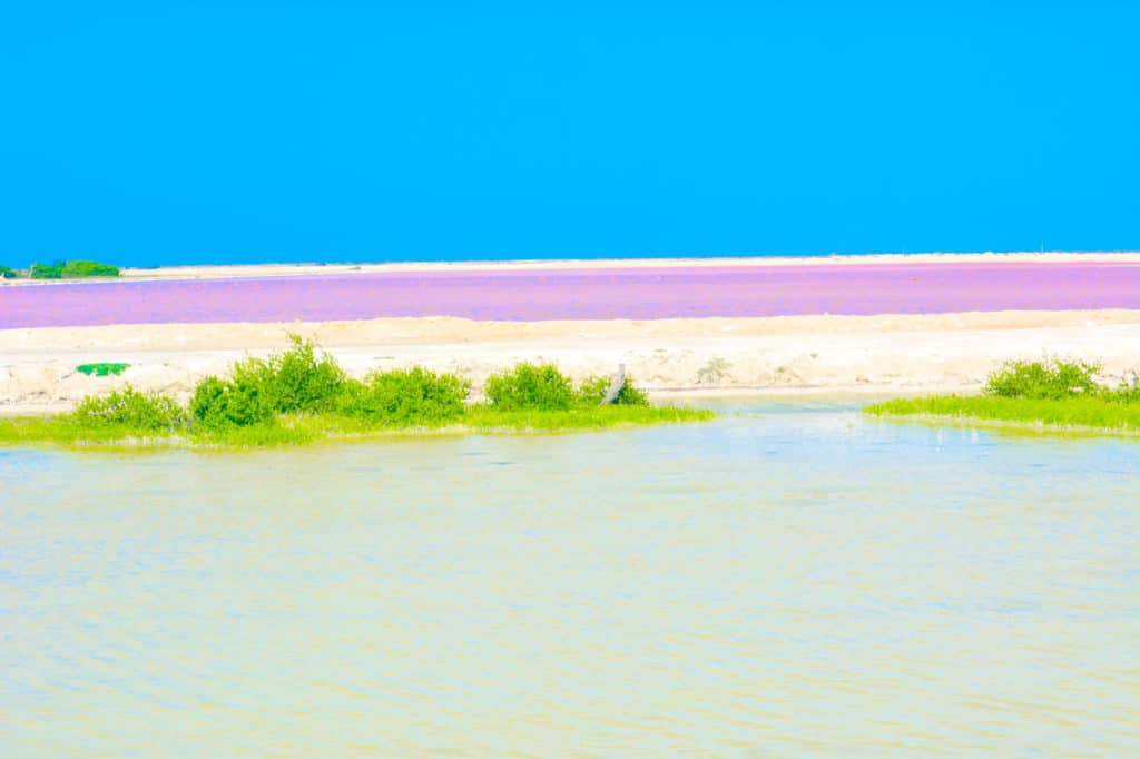 Start Here - A colorful photo with blue sky, white sand, green and pink waters from Mexico