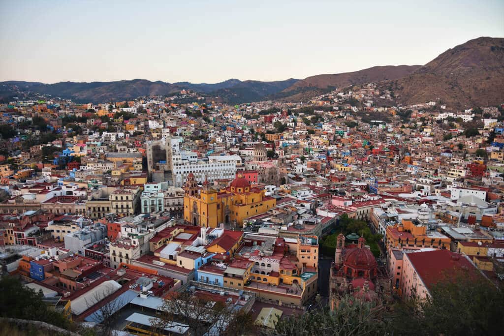 A top view of a crowded and colorful city